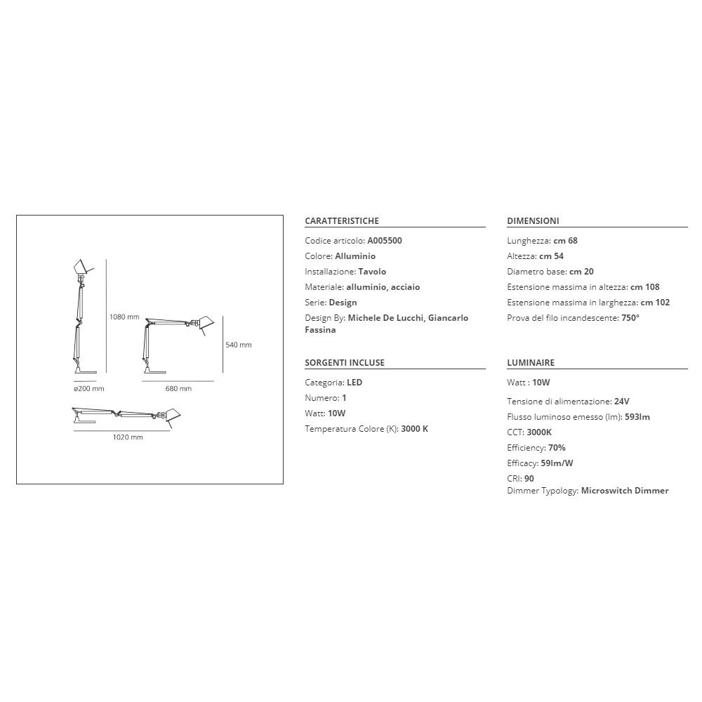 Lampada da tavolo Artemide Tolomeo Mini Tavolo LED 3000K con rilevatore di presenza