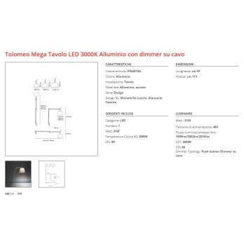 Artemide Tolomeo Mega Tavolo LED 3000K Alluminio con dimmer sul cavo