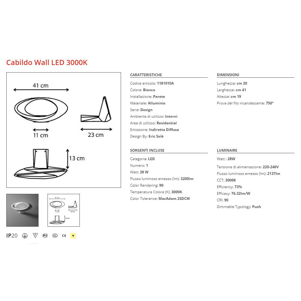 Lampada da parete Artemide Cabildo Wall LED 3000K