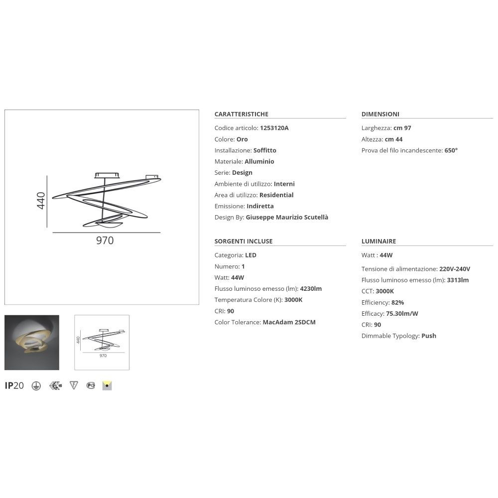 Lampada da soffitto LED Artemide Pirce 3000K Oro
