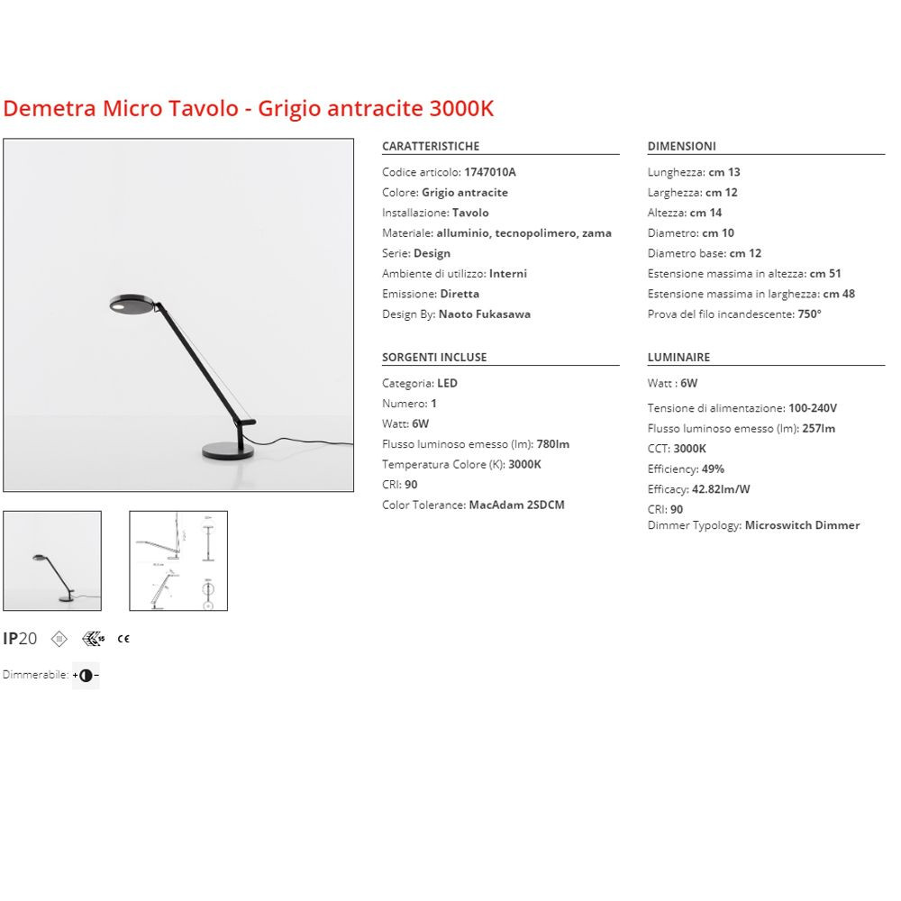 Lampada da tavolo LED Artemide Demetra Micro Tavolo 3000K